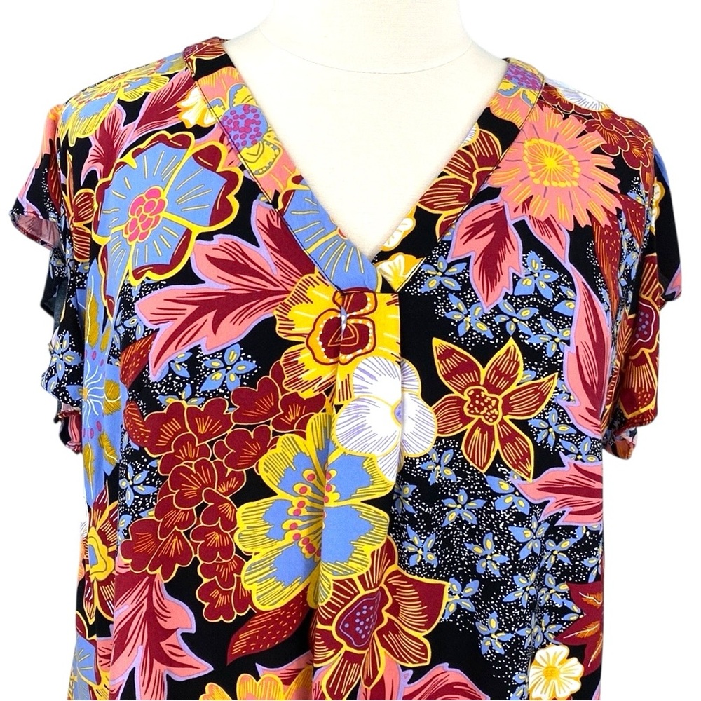 Rachel Rachel Roy Floral Hawaiian Tropical Print Flutter Sleeve V-Neck Blouse - Picture 2 of 16